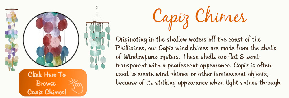 Capiz Chimes
Originating in the shallow waters off the coast of the Phillipines, our Capiz wind chimes are made from the shells of Windowpane oysters. These shells are flat & semi-transparent with a pearlescent appearance. Capiz is often used to create wind chimes or other luminescent objects, because of its striking appearance when light shines through.
