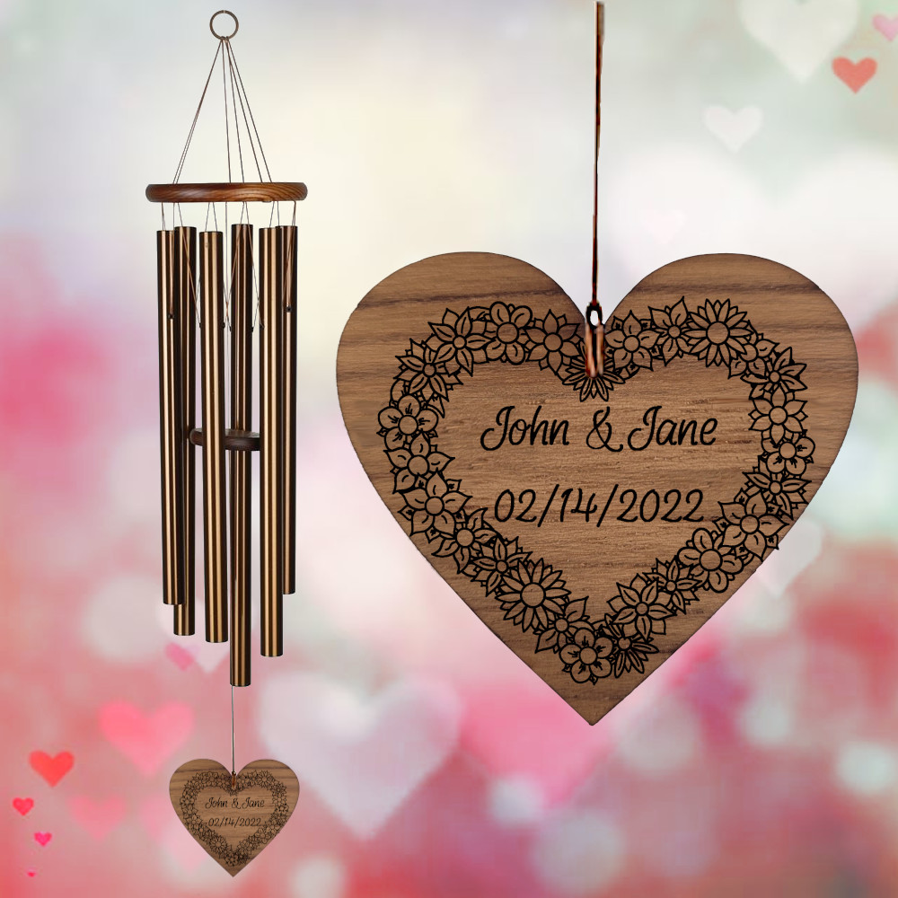 Amazing Grace Bronze 40 Inch Wind Chime - Engravable Floral Wreath Heart Sail