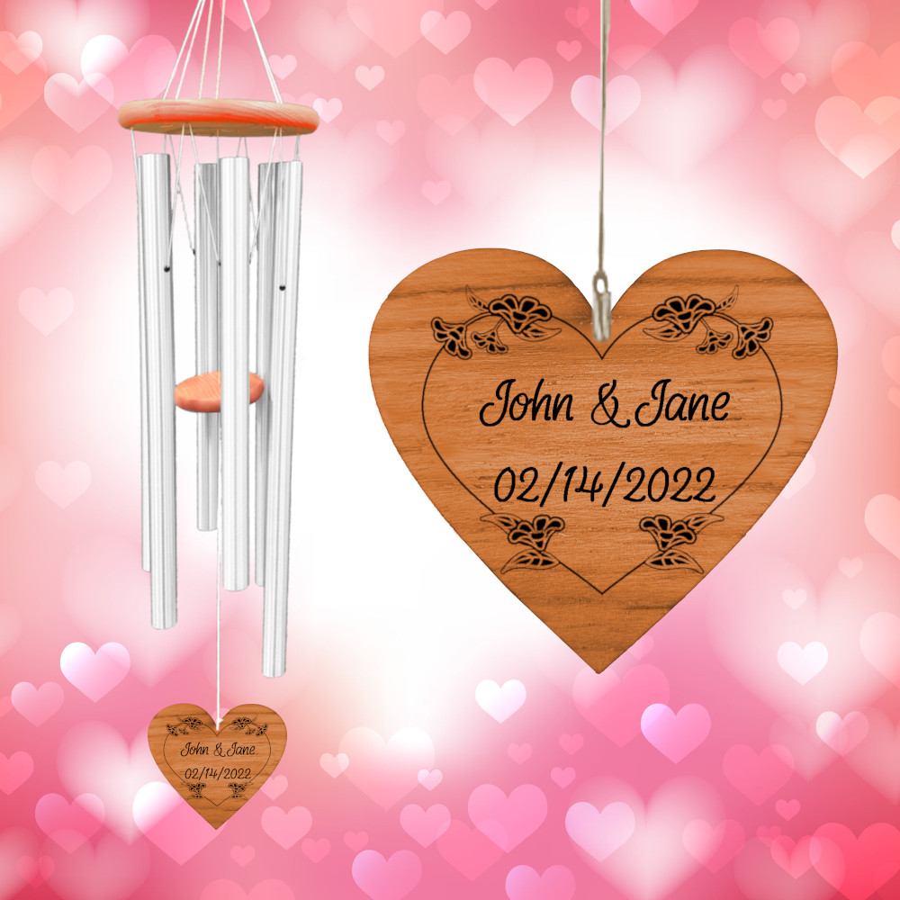 Amazing Grace Silver 40 Inch Wind Chime - Engravable Blossom Heart Sail