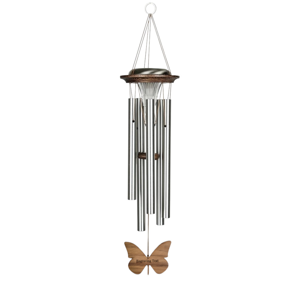 Moonlight Solar Chime 29 Inch Wind Chime - Engraveable Butterfly Sail - Silver