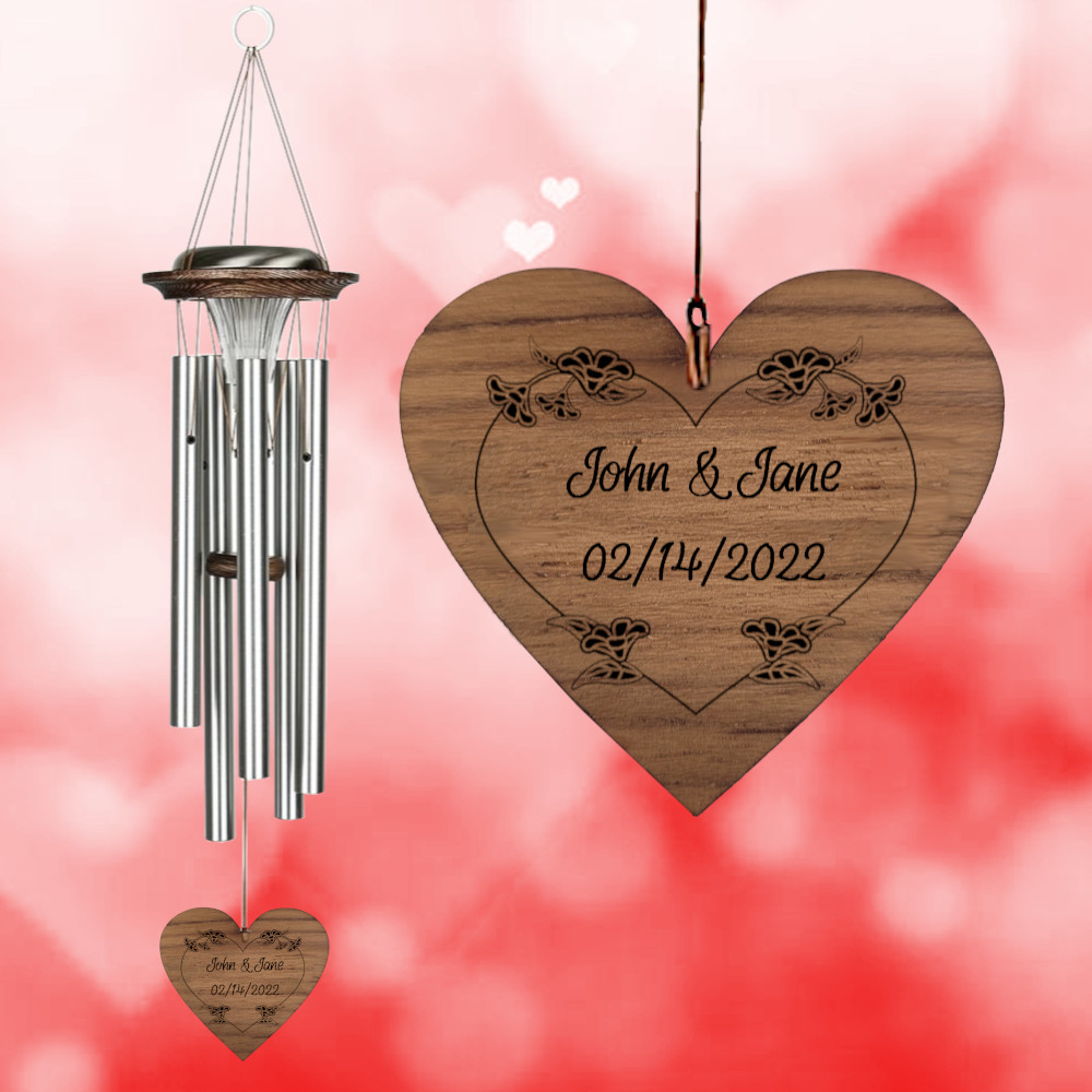 Moonlight Solar Chime 29 Inch Wind Chime - Engraveable Blossom Heart Sail - Silver