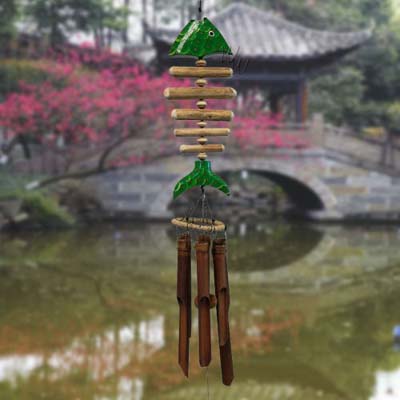 Handcrafted Green Koi Bone Fish Bamboo Wind Chime