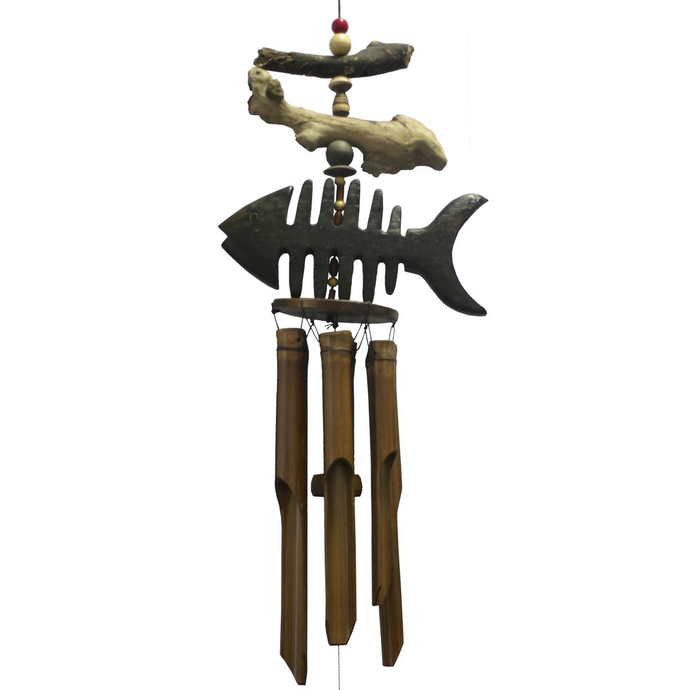 Handcrafted 40 Inch Bamboo Bone Fish Single Bell Wind Chime