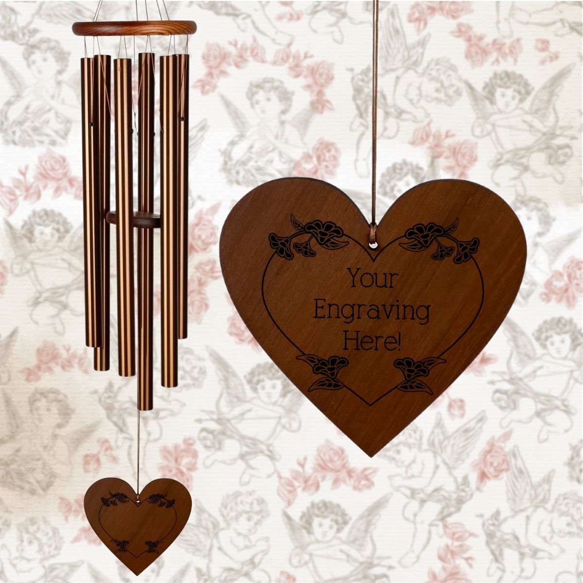 Amazing Grace Bronze 40 Inch Wind Chime - Engravable Blossom Heart Sail