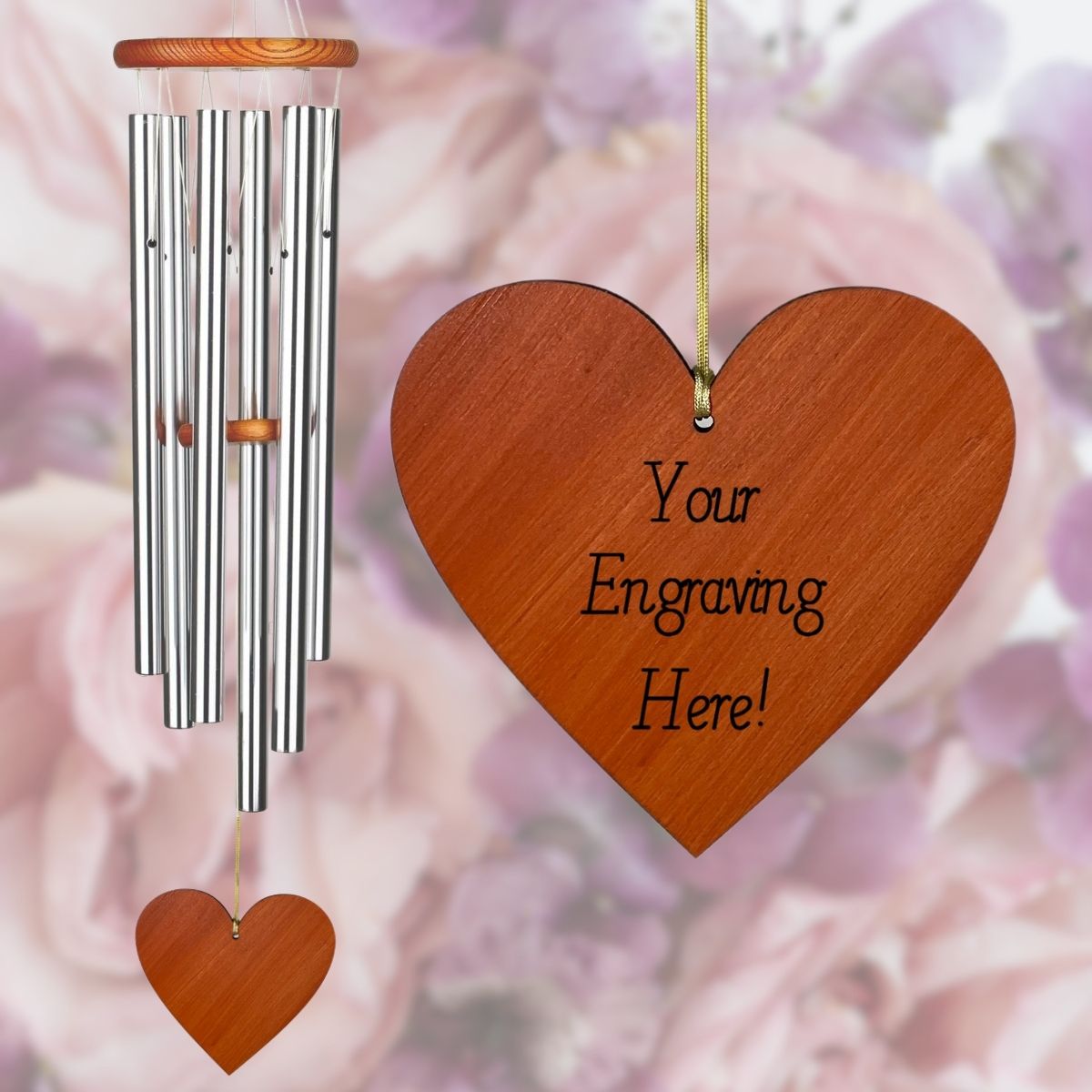 Amazing Grace 40 Inch Wind Chime - Engravable Heart Sail - Silver
