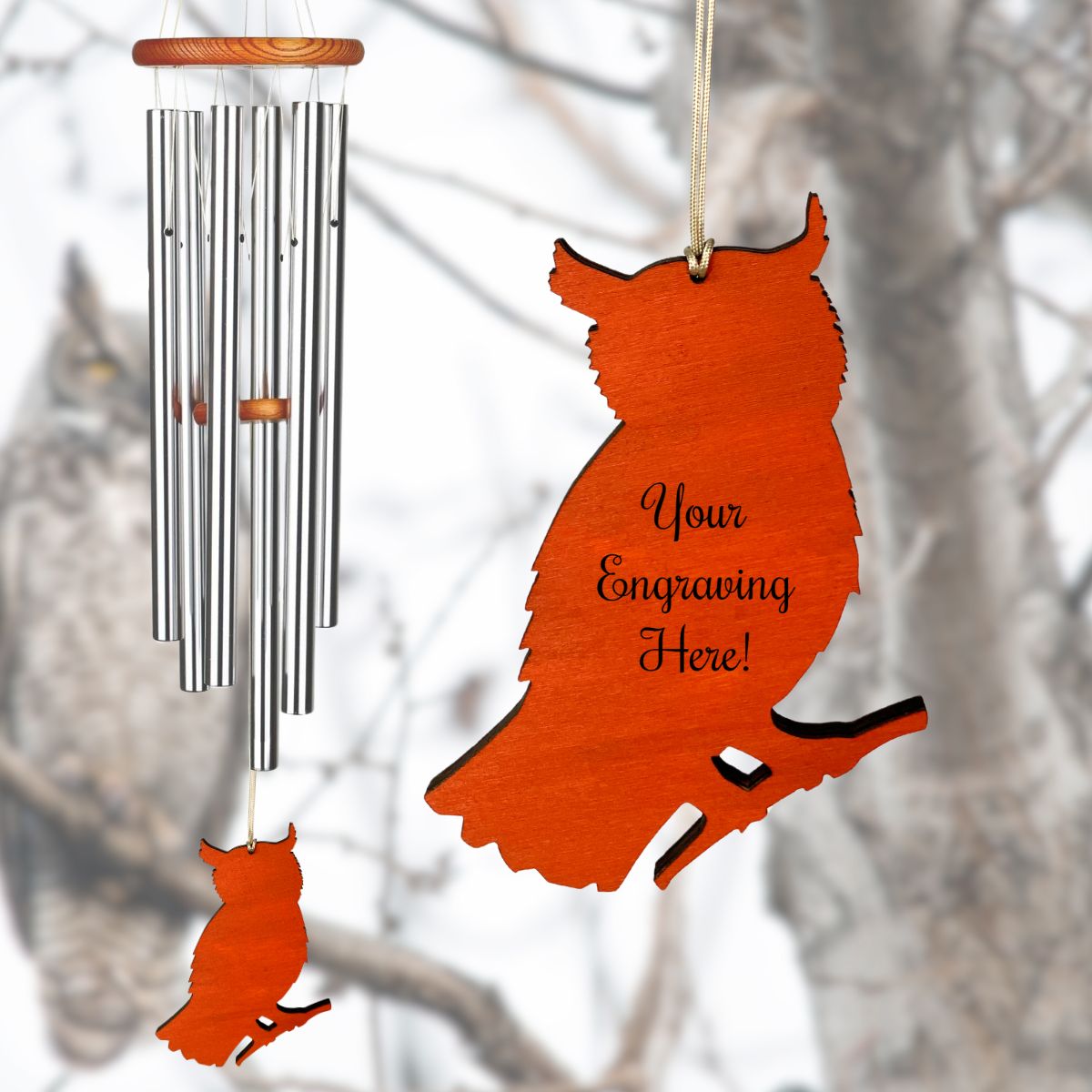 Amazing Grace 40 Inch Wind Chime - Engravable Owl Sail - Silver
