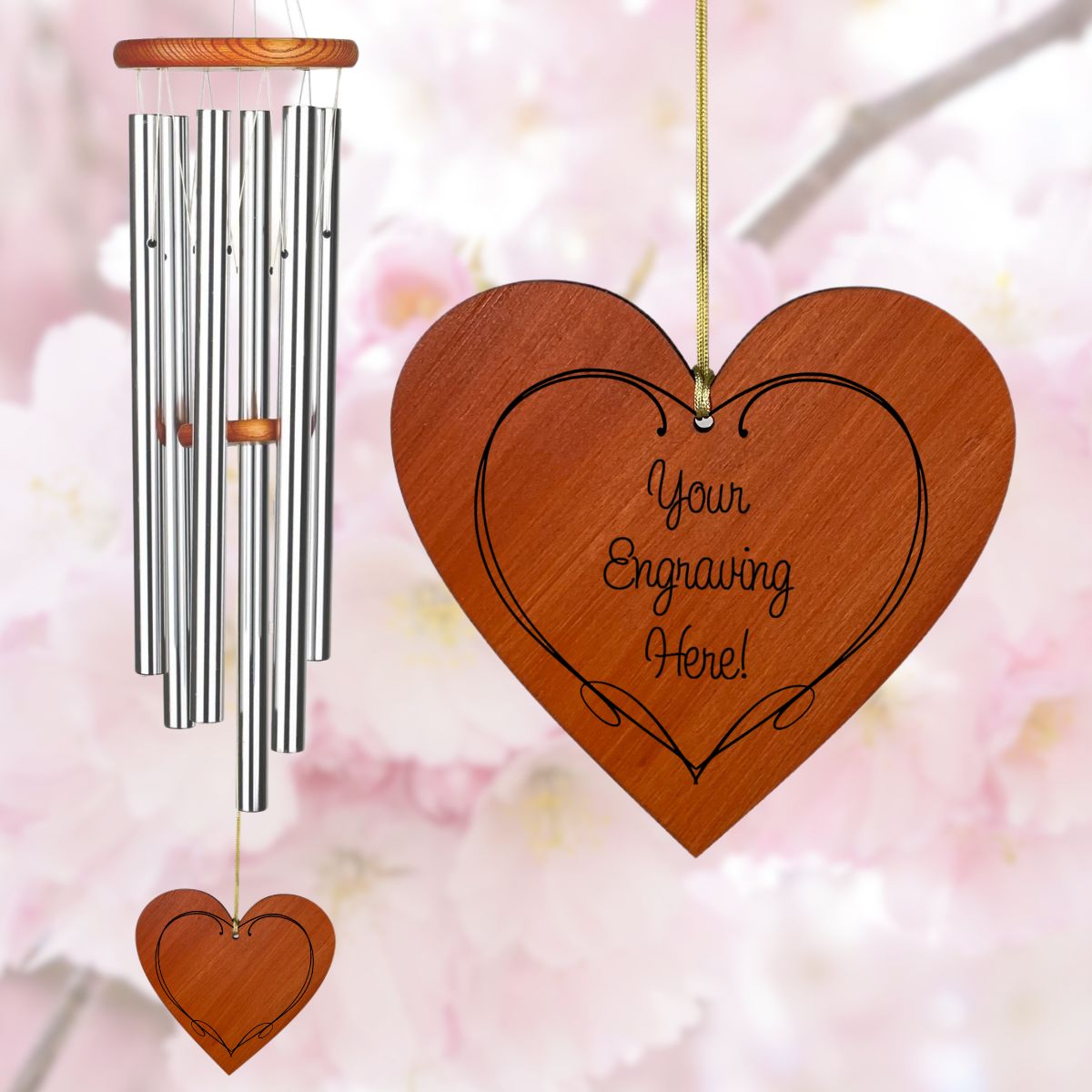 Amazing Grace Silver 40 Inch Wind Chime - Engravable Regal Heart Sail