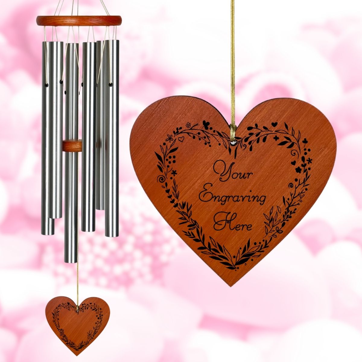 Amazing Grace 25 Inch Silver Wind Chime - Engravable Floral Wreath Heart Sail