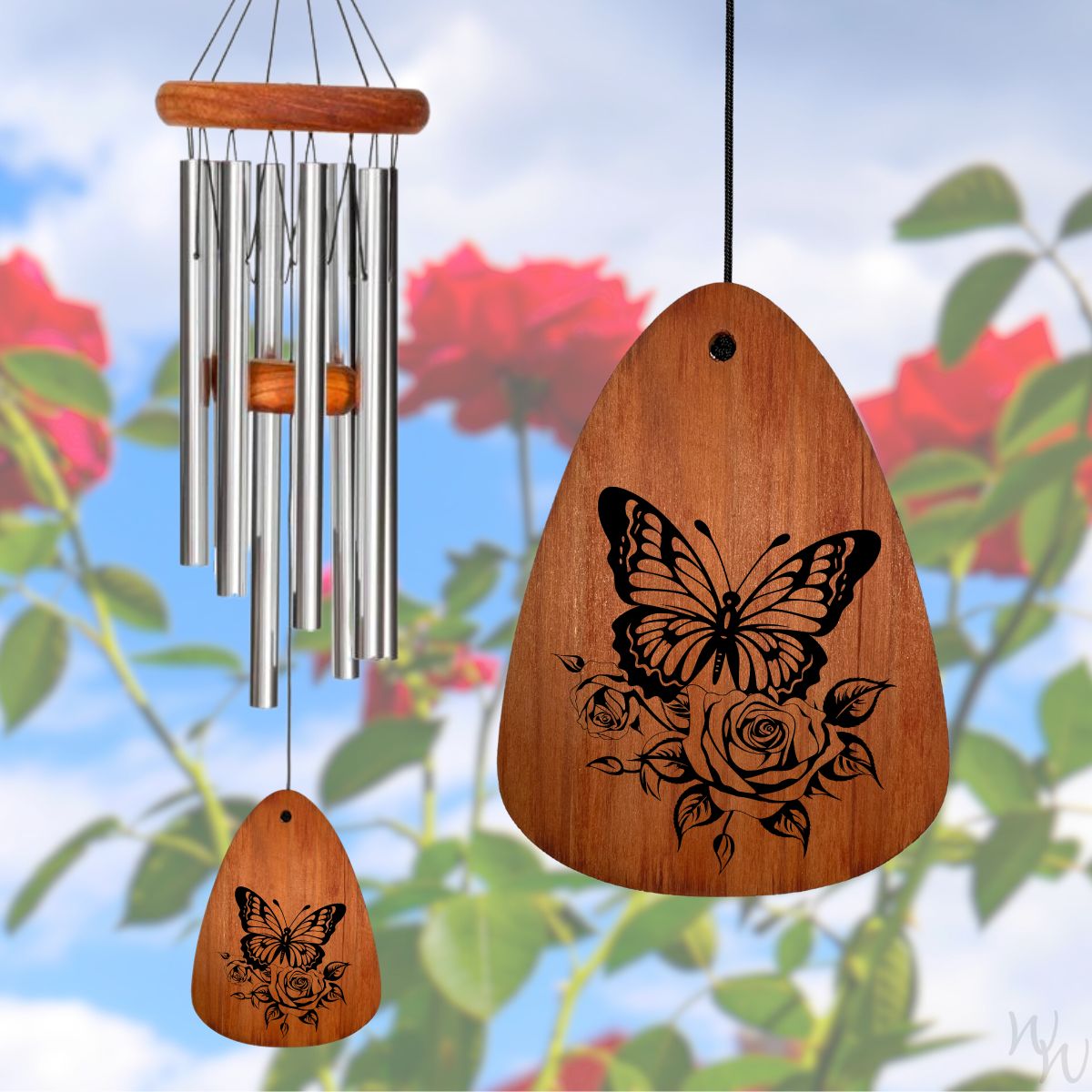 Festival 24-inch 6-Tube Wind chime in Silver - Rosy Butterfly