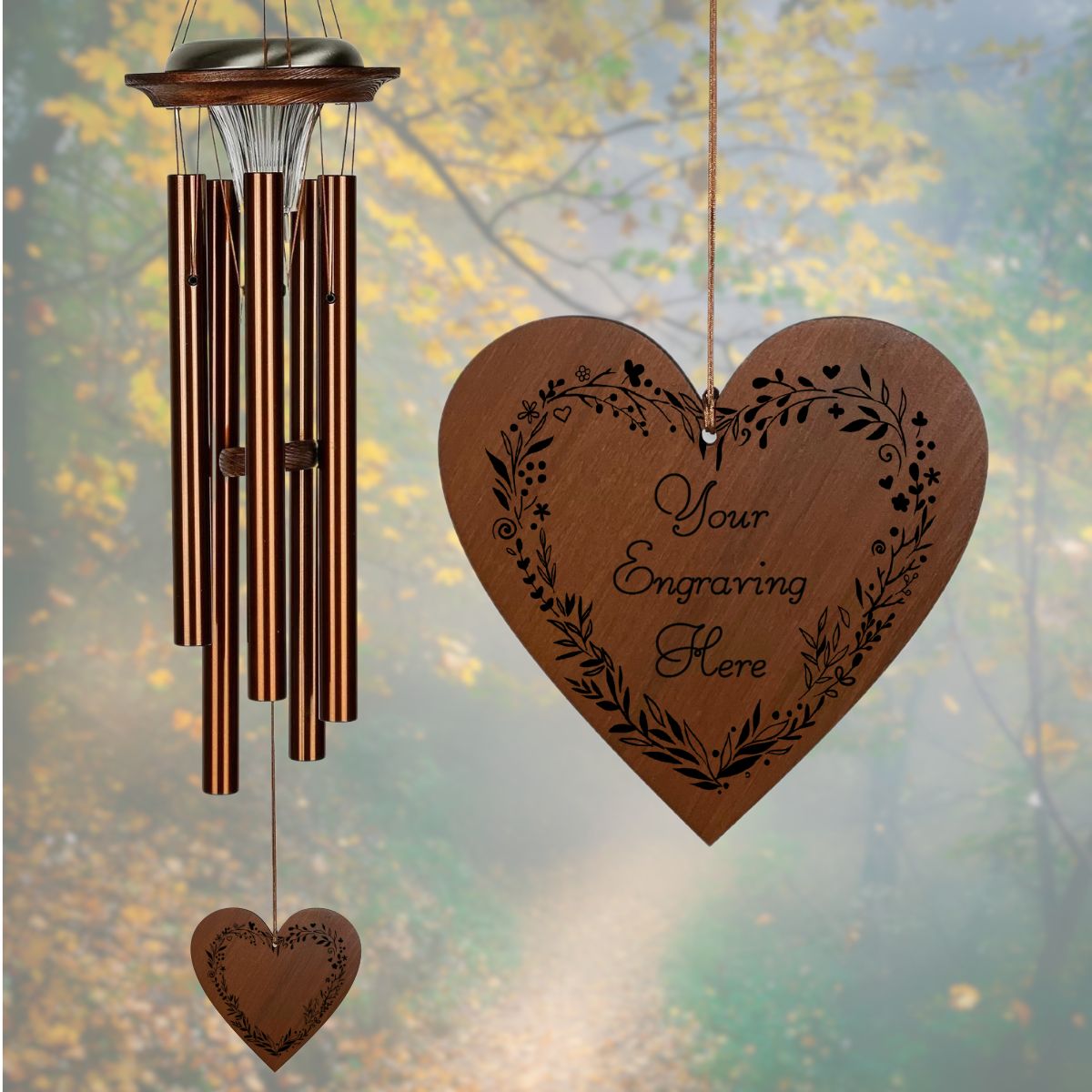 Moonlight Solar Chime 29 Inch Wind Chime - Engravable Floral Wreath Heart Sail - Bronze