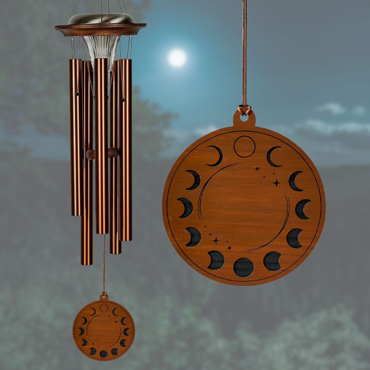 Moonlight Solar Chime 29 Inch Wind Chime - Engravable Moon Phase Sail - Bronze