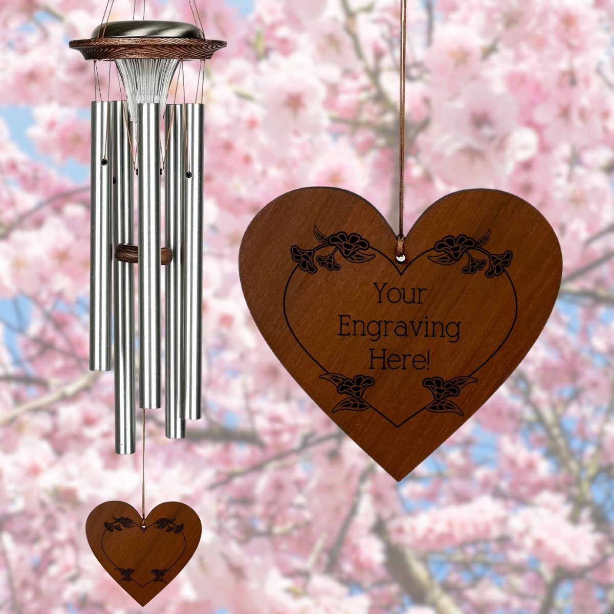 Moonlight Solar Chime 29 Inch Wind Chime - Engravable Blossom Heart Sail - Silver