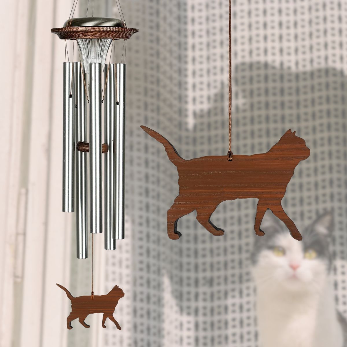 Moonlight Solar Chime 29 Inch Wind Chime - Engravable Cat Sail - Silver