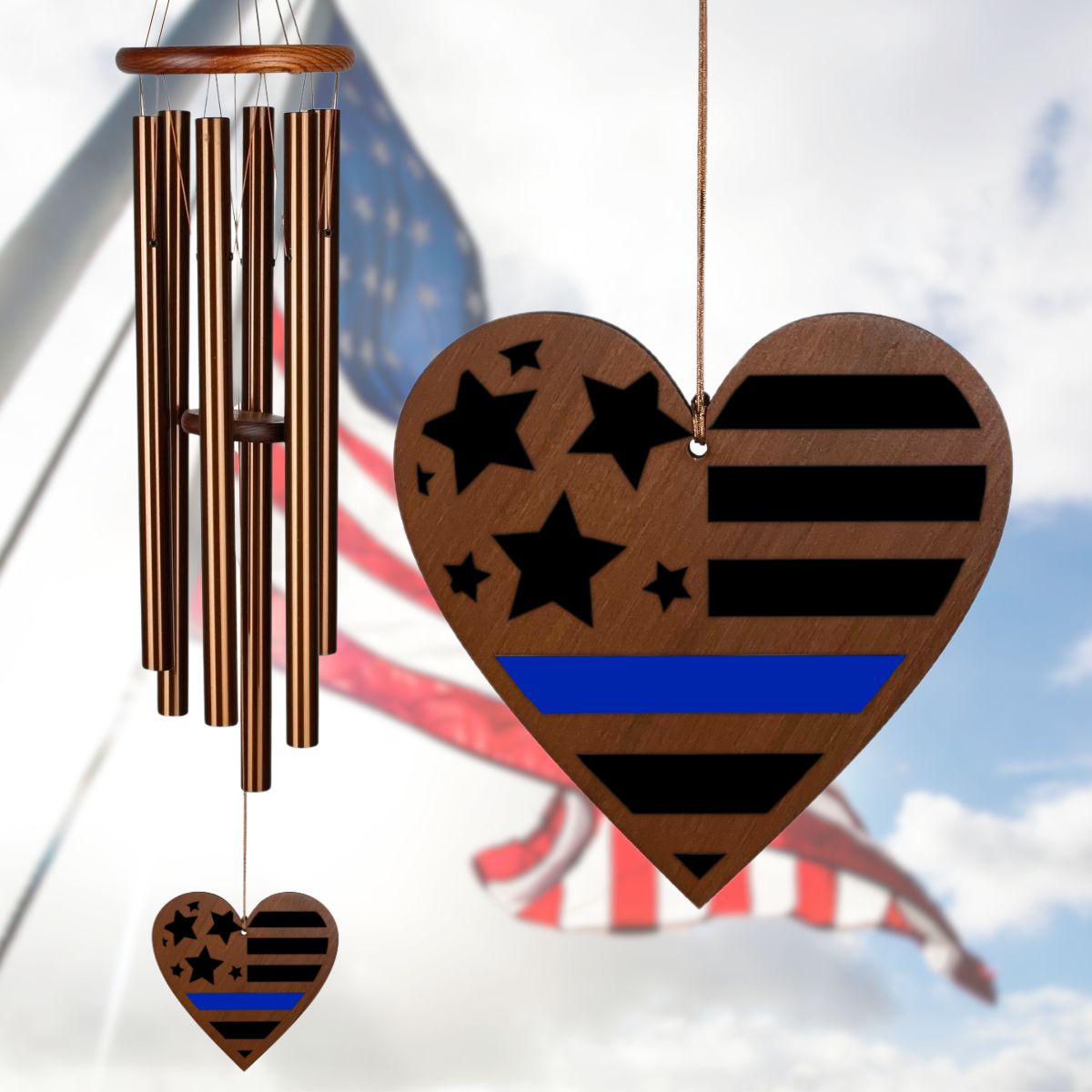 Amazing Grace 40 Inch Wind Chime - Engravable American Heart Thin Line Sail - Bronze
