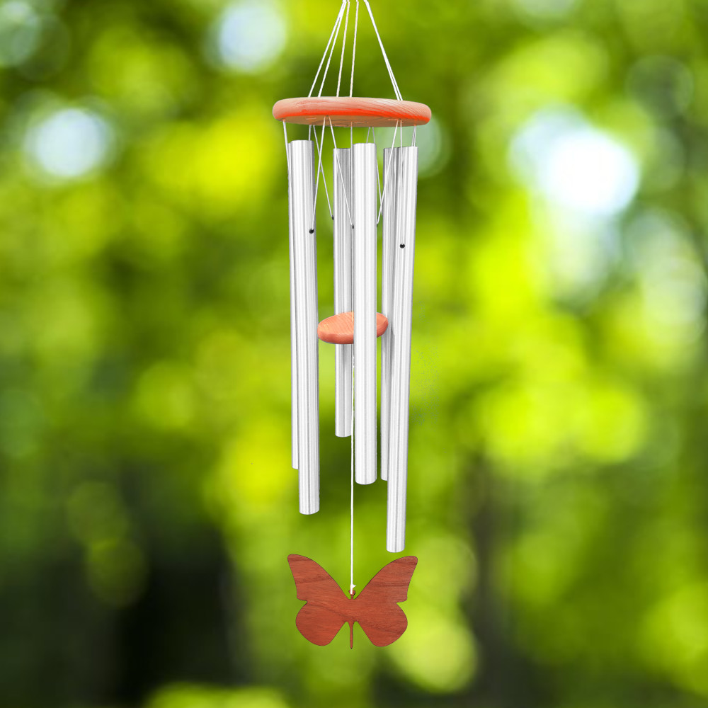 Amazing Grace 40 Inch Wind Chime - Engravable Butterfly Sail - Silver