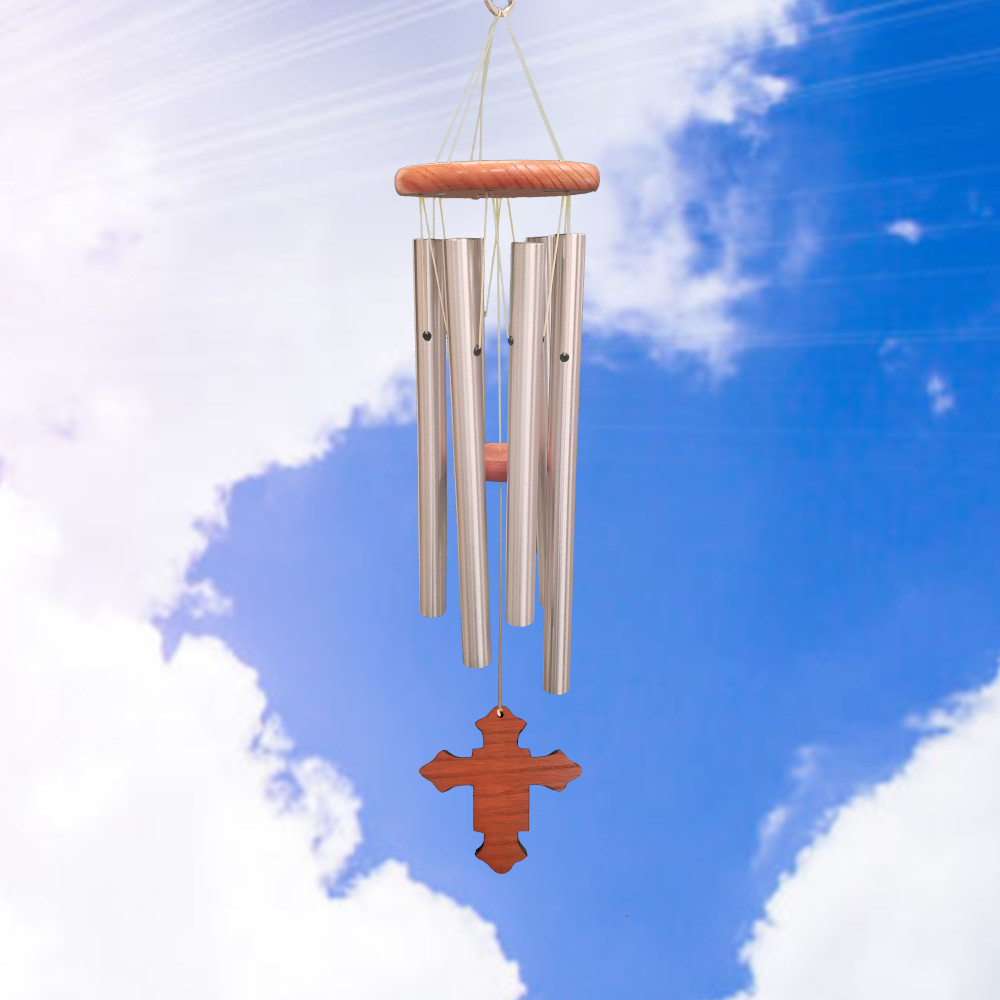 Amazing Grace 25 Inch Wind Chime - Engravable Cross Sail - Silver