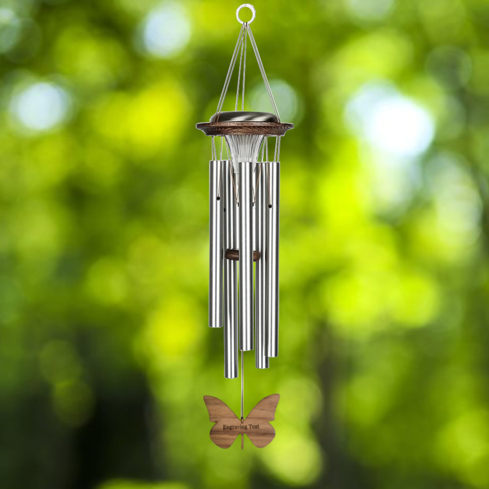 Moonlight Solar Chime 29 Inch Wind Chime - Engraveable Butterfly Sail - Silver