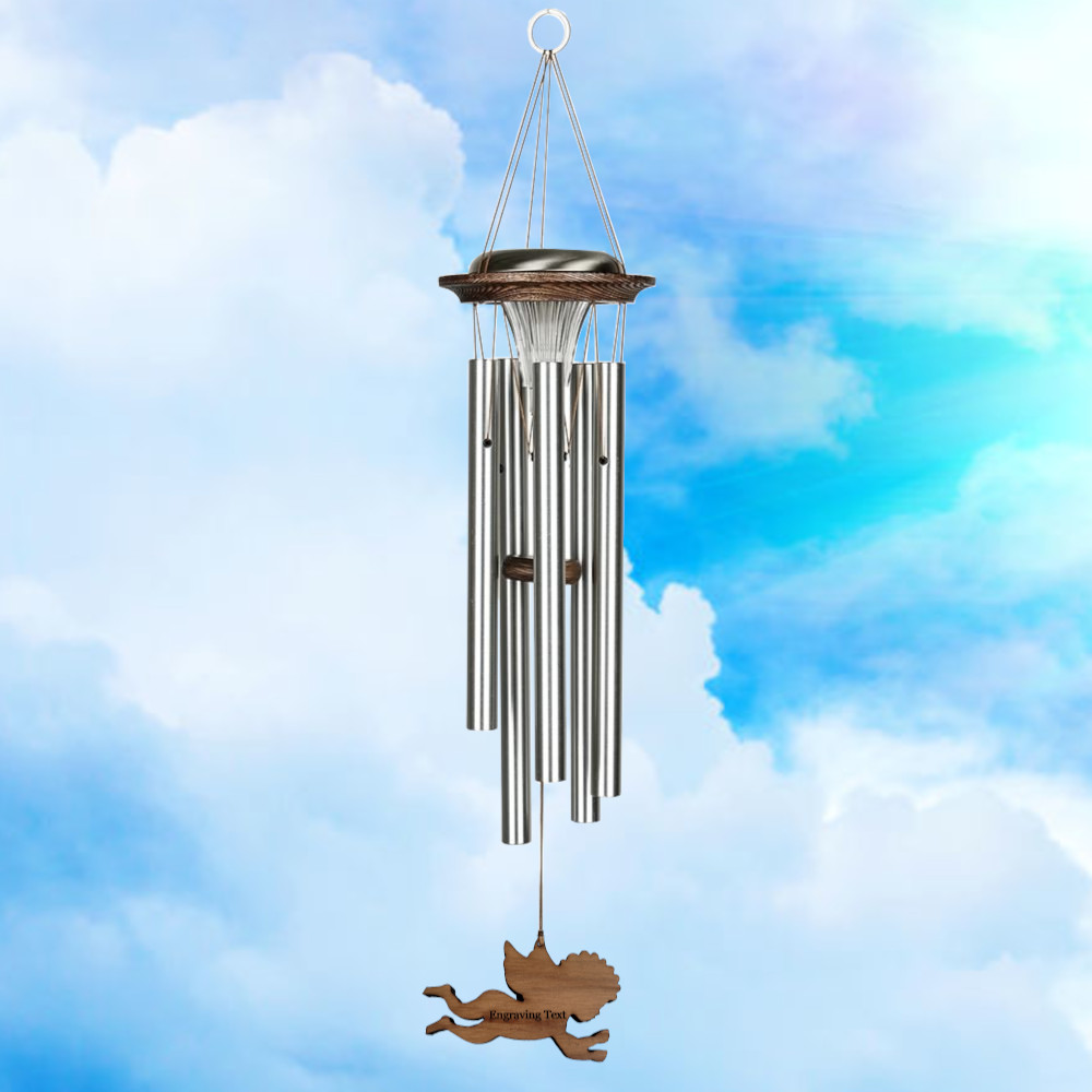 Moonlight Solar Chime 29 Inch Wind Chime - Engraveable Cherub Sail - Silver