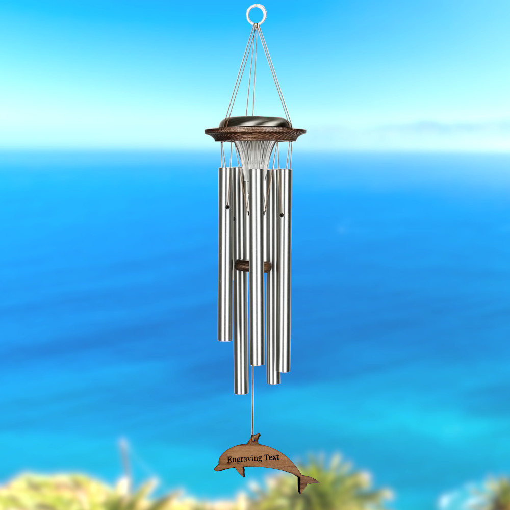 Moonlight Solar Chime 29 Inch Wind Chime - Engravable Dolphin Sail - Silver