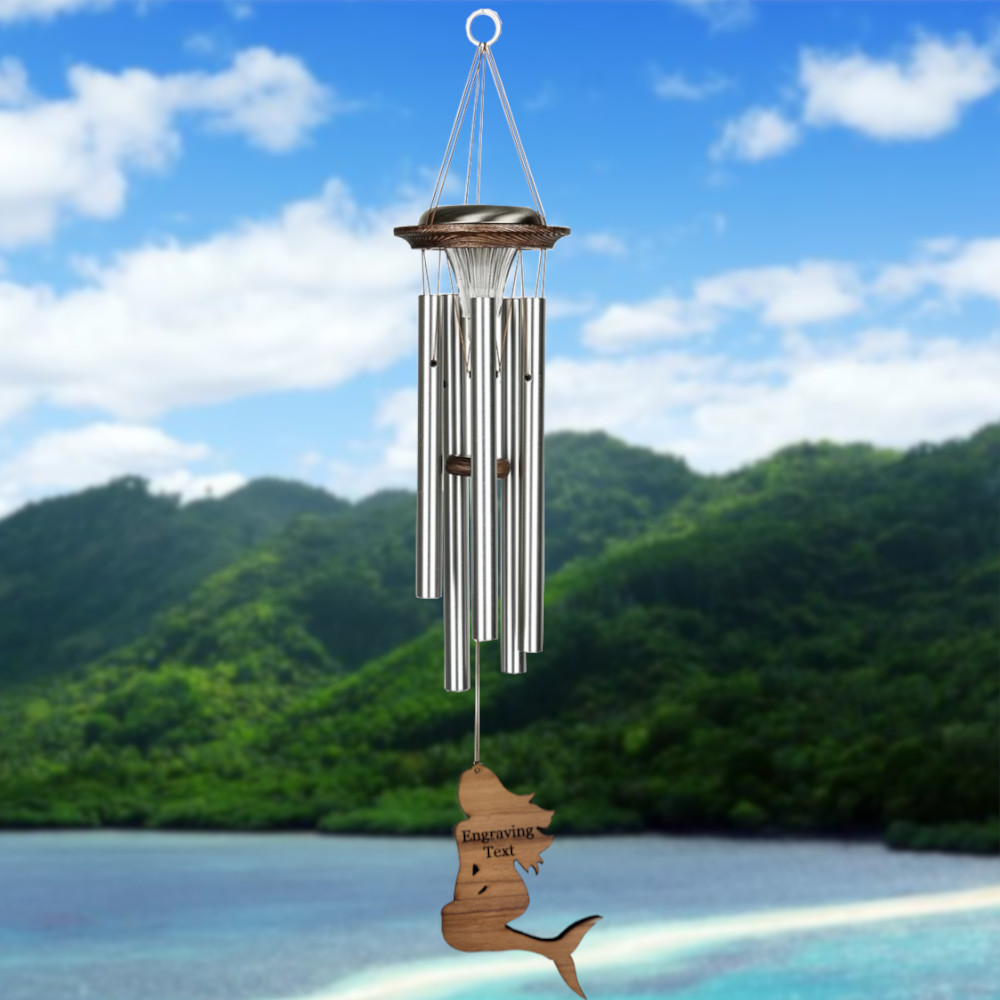 Moonlight Solar Chime 29 Inch Wind Chime - Engravable Mermaid Sail - Silver