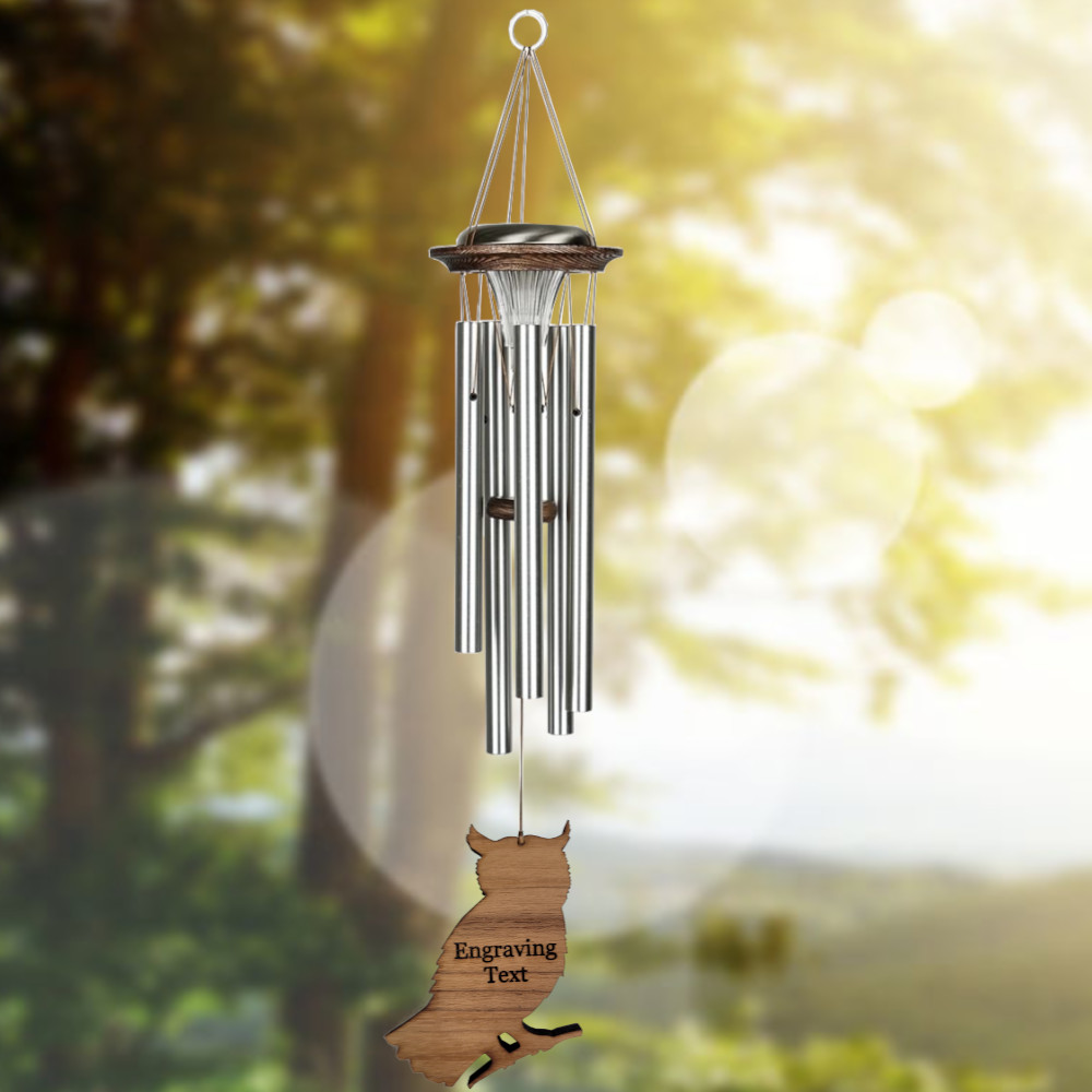 Moonlight Solar Chime 29 Inch Wind Chime - Engravable Owl Sail - Silver