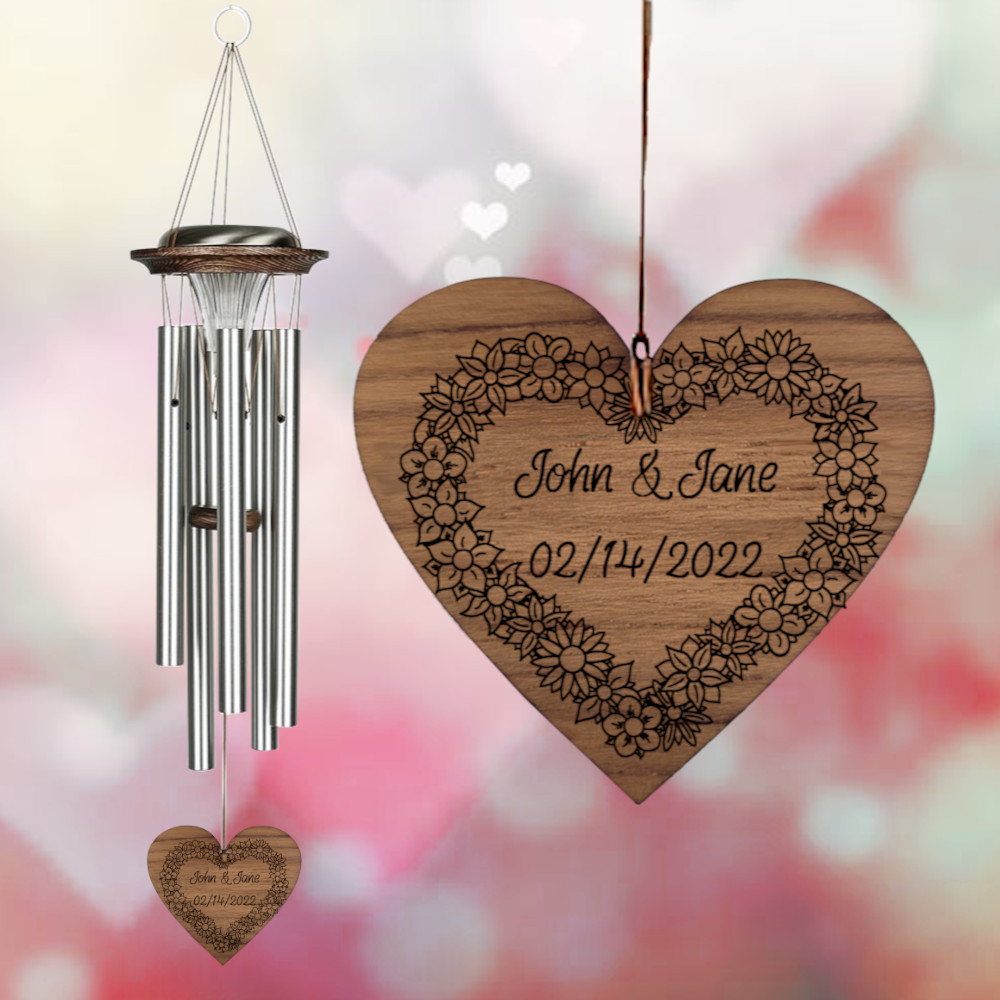 Moonlight Solar Chime 29 Inch Wind Chime - Engraveable Floral Wreath Heart Sail - Silver