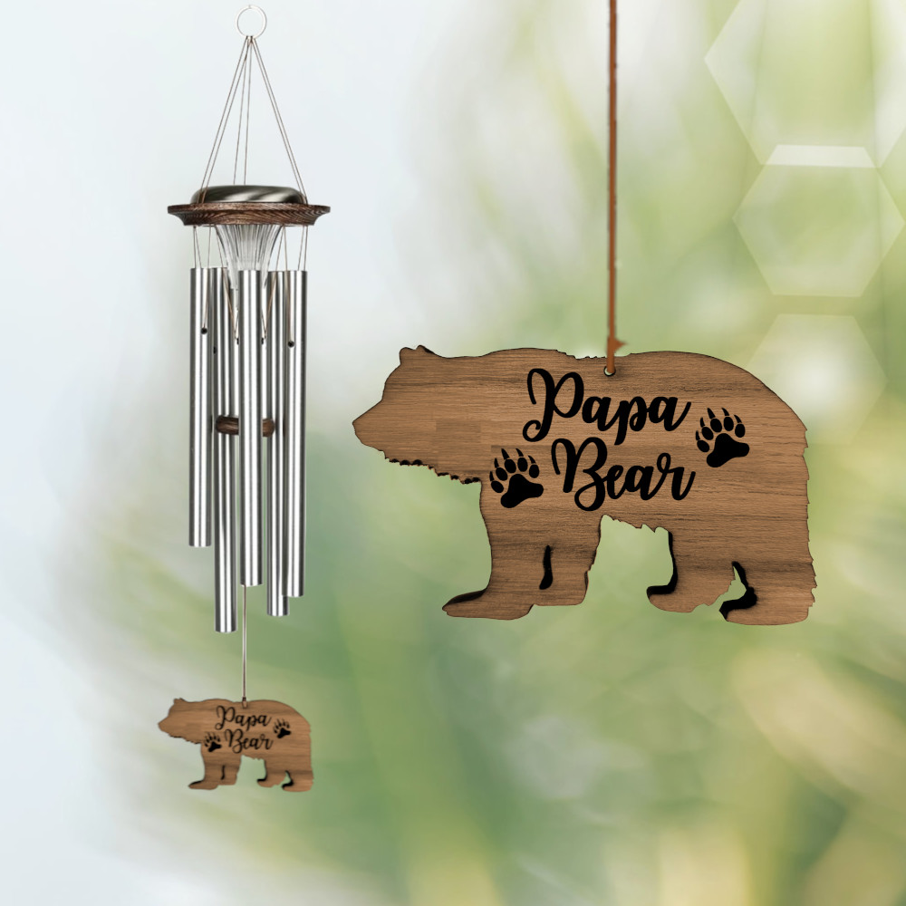Moonlight Solar Chime 29 Inch Wind Chime - Engravable Papa Bear Sail - Silver